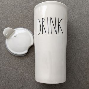 Rae Dunn DRINK Tall Ceramic Coffee Travel Mug Cup Heavy Duty with Lid